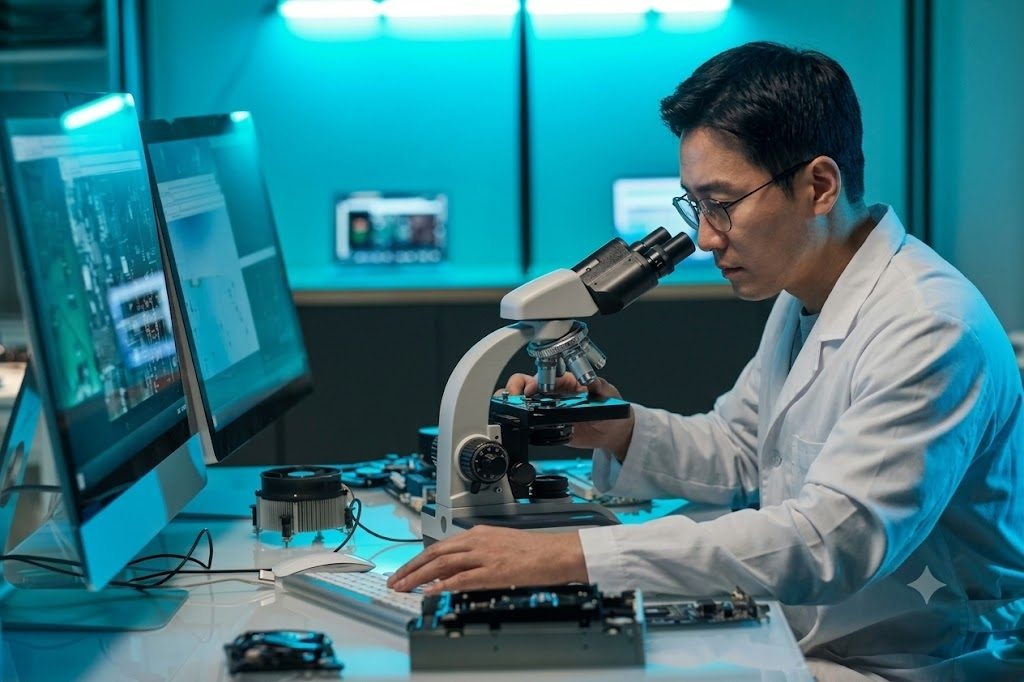 현미경으로 부품을 살펴보는 연구원