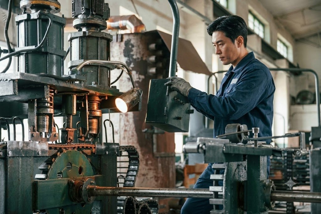 공장에서 가공 설비를 조작하는 작업자